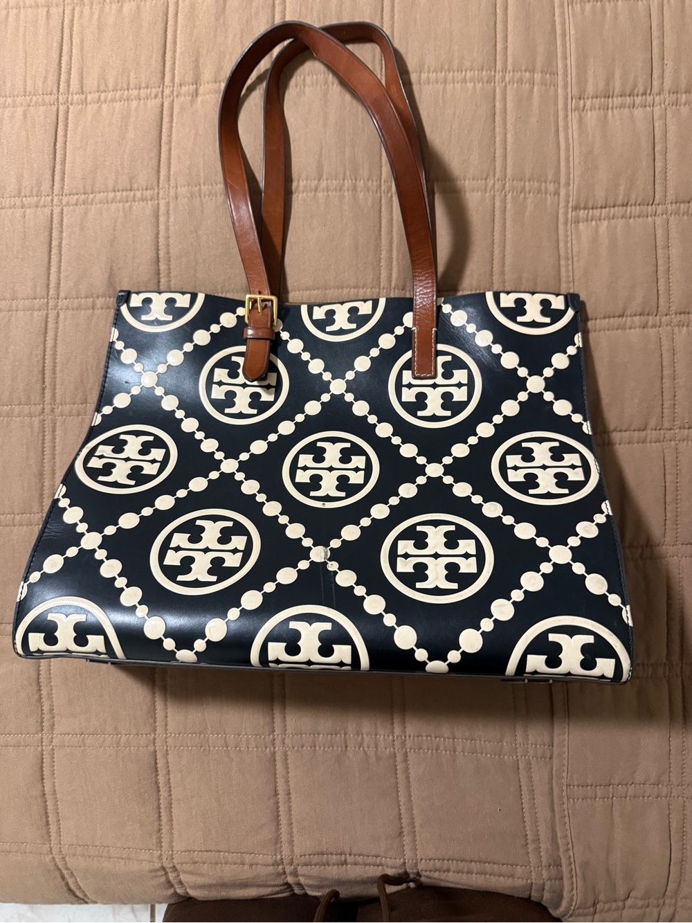 Tory Burch Cream and Black Logo Tote with Brown Straps - Picture 2 of 12